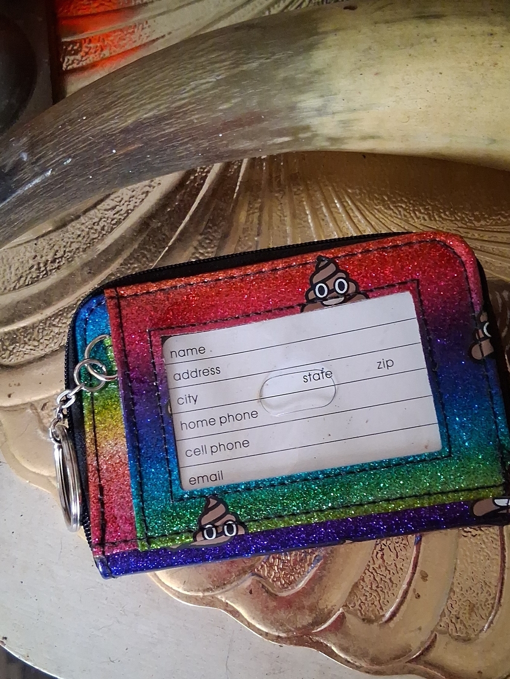 Glitter Rainbow Wallet With  Keyring with Poop Emoji - Multicolor
